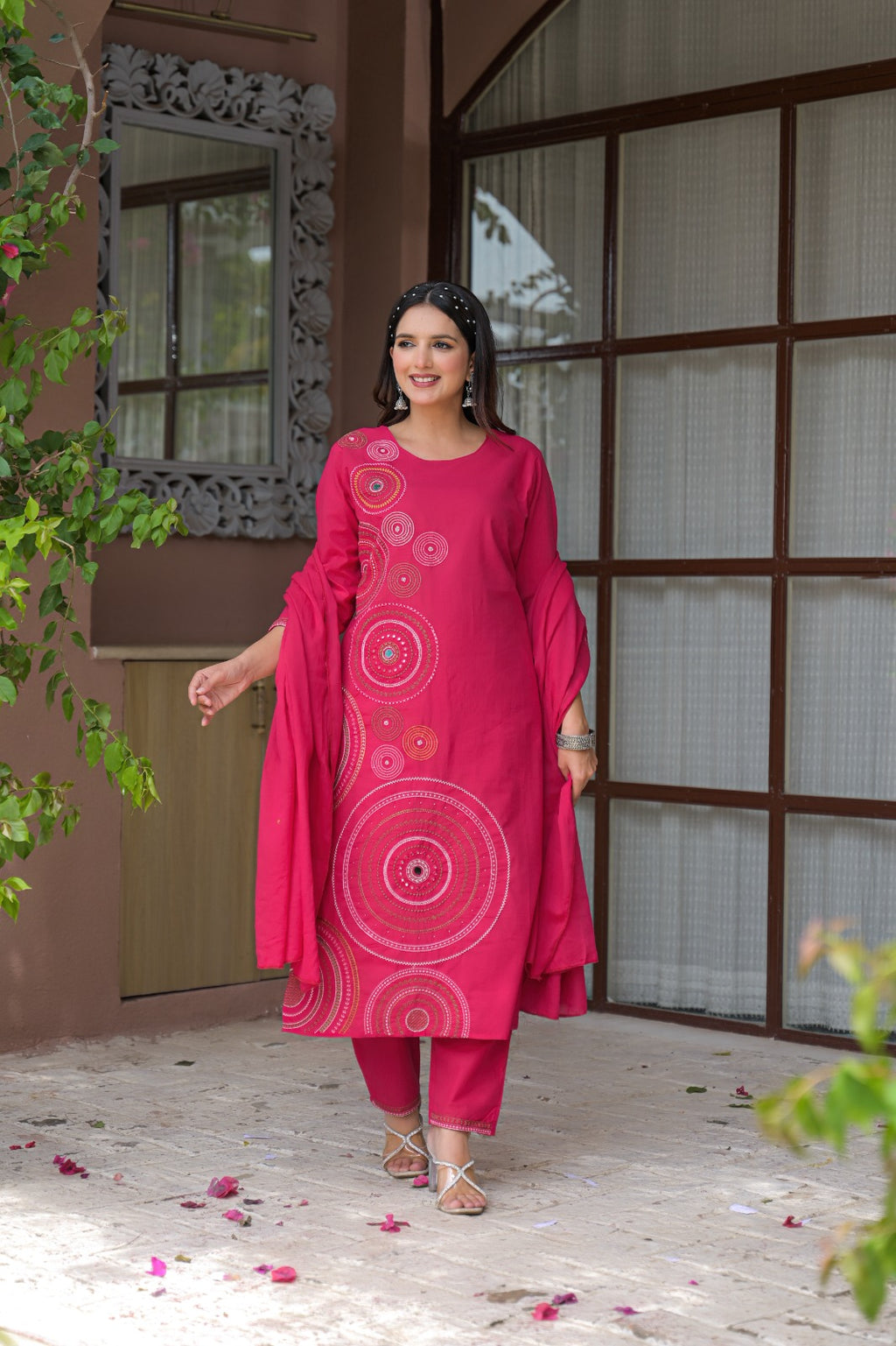 Rani Pink Circular Threadwork Cotton 3-Piece Suit Set with Dupatta