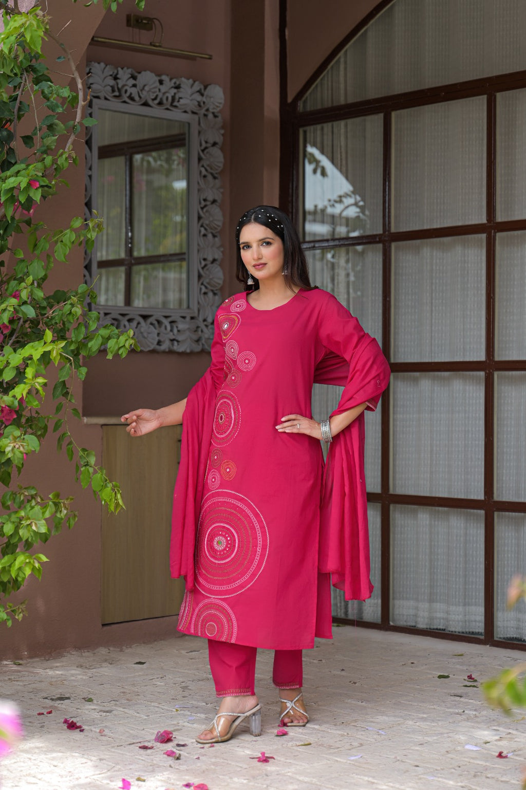 Rani Pink Circular Threadwork Cotton 3-Piece Suit Set with Dupatta