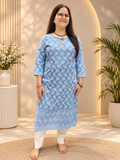 Sky Blue Cotton Chicken Work Kurti with Sifily Cutwork
