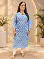 Sky Blue Cotton Chicken Work Kurti with Sifily Cutwork