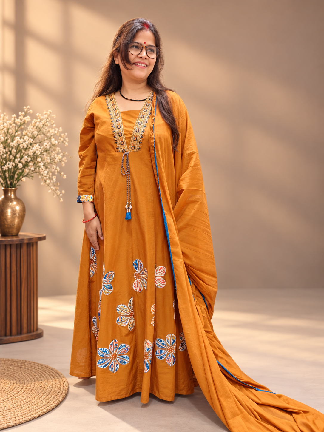 Mustard Ochre Cotton Anarkali Suit with Applique Work