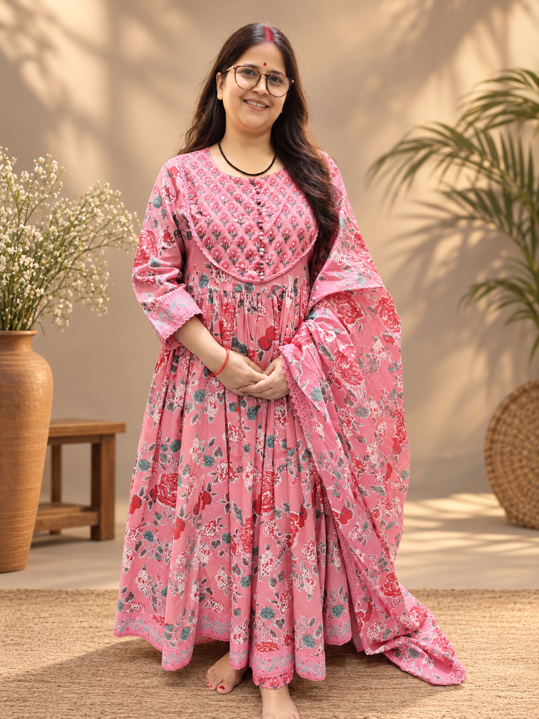 Pink Floral Printed Cotton Anarkali Suit Set