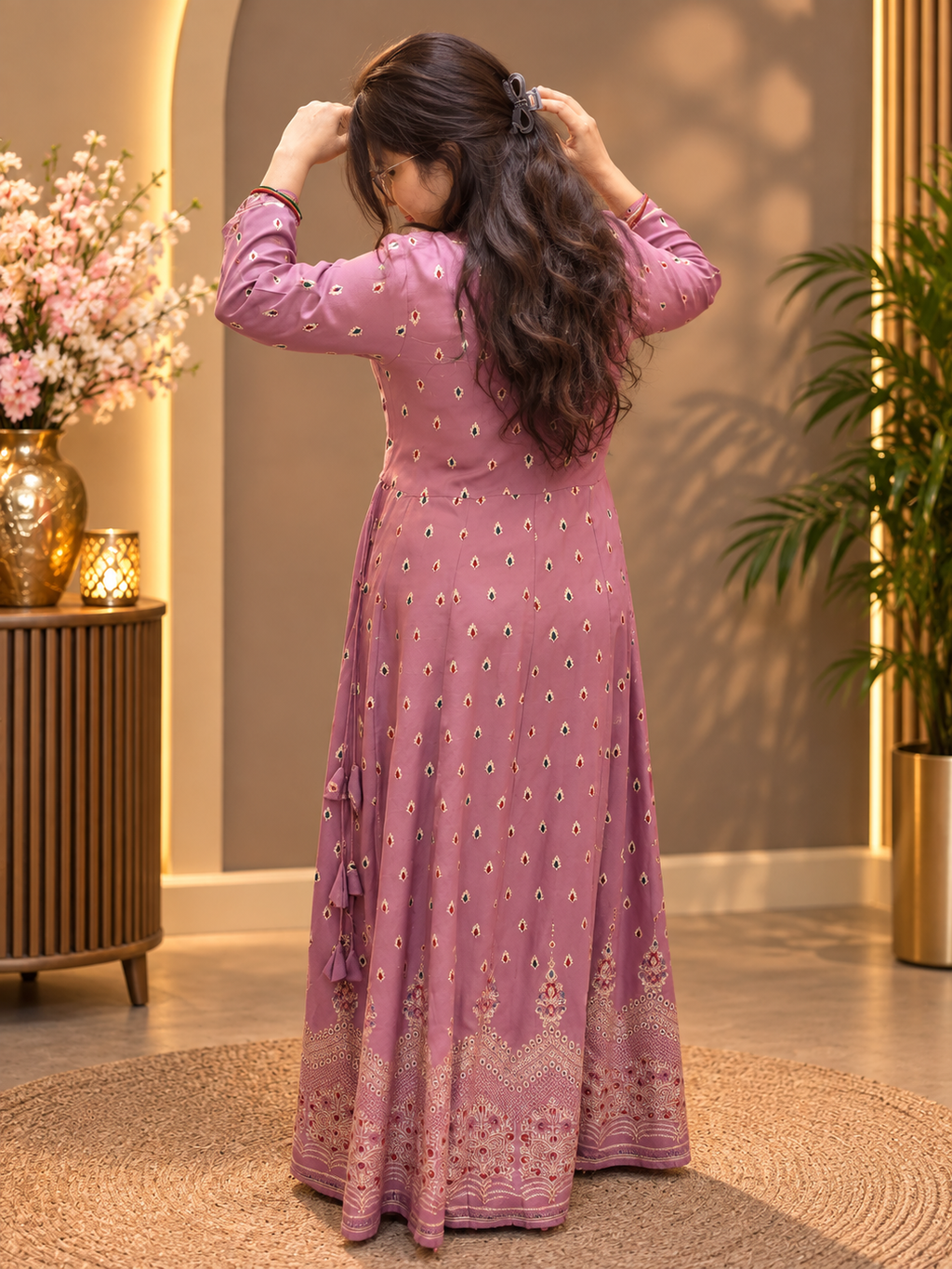 Dusty Mauve Rayon Printed Anarkali Long Kurti Dress
