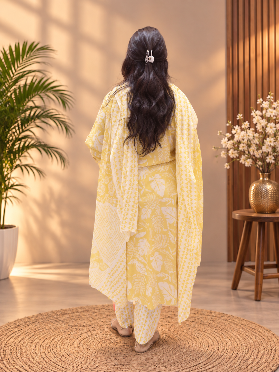Pastel Lemon Yellow Printed Cotton Suit Set with Dupatta