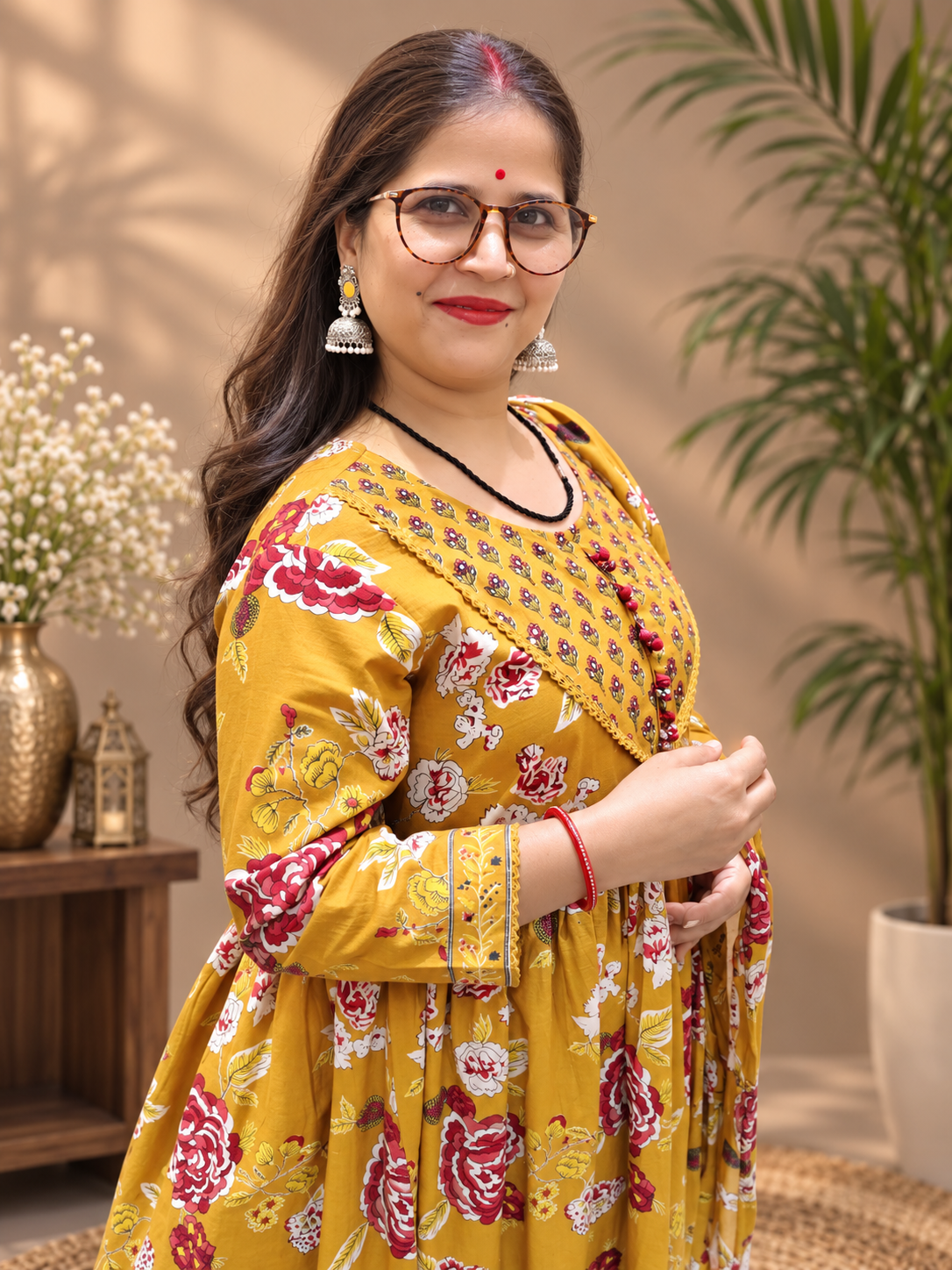 Mustard Yellow Floral Cotton Anarkali Suit Set