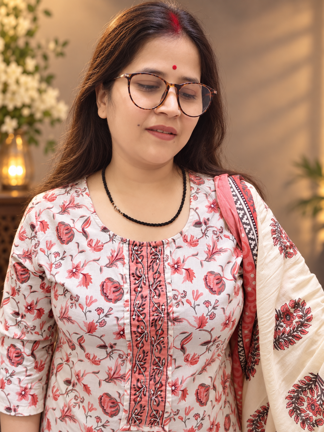 Ivory Floral Printed Cotton Suit Set with Dupatta
