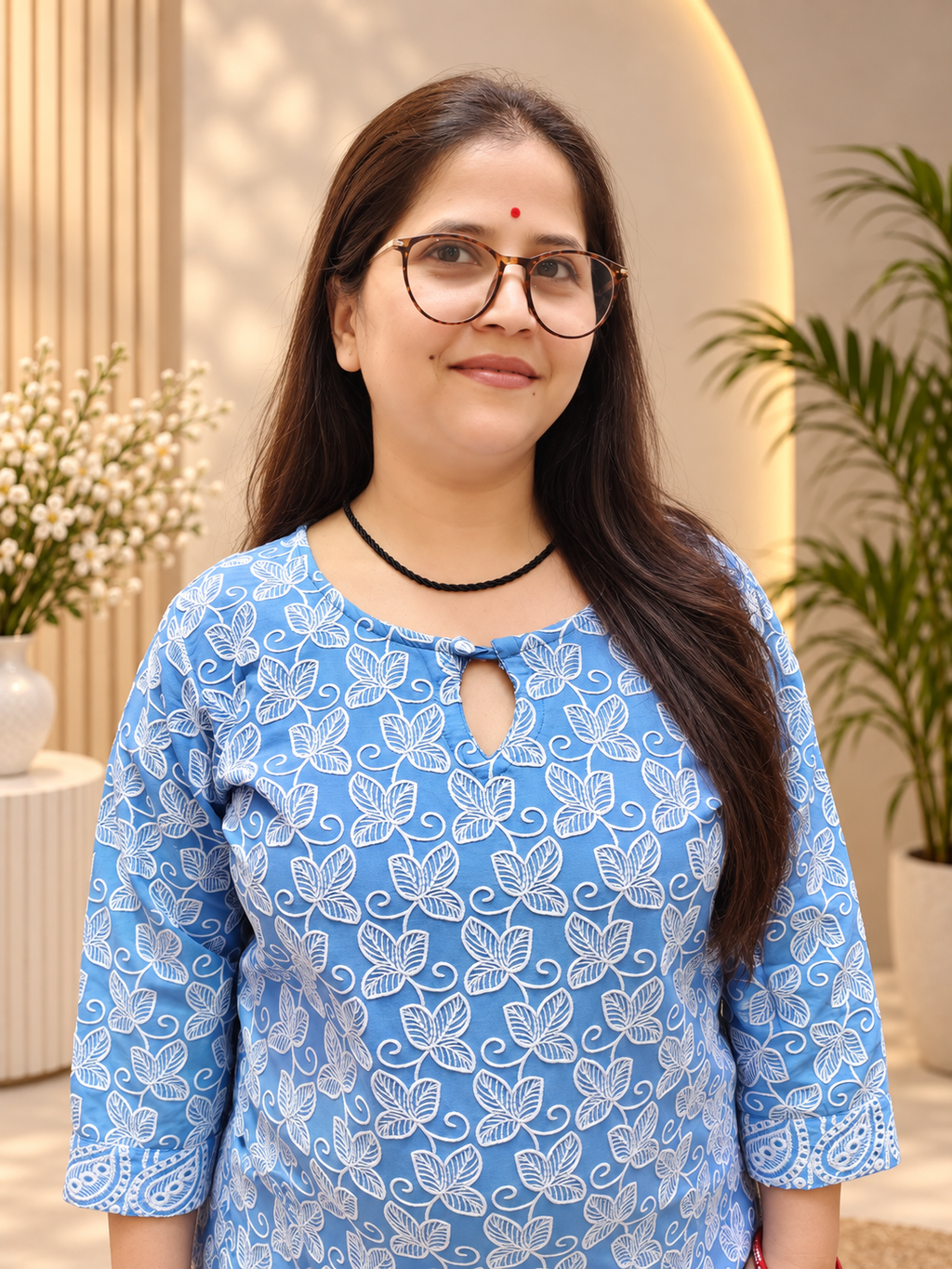Sky Blue Cotton Chicken Work Kurti with Sifily Cutwork