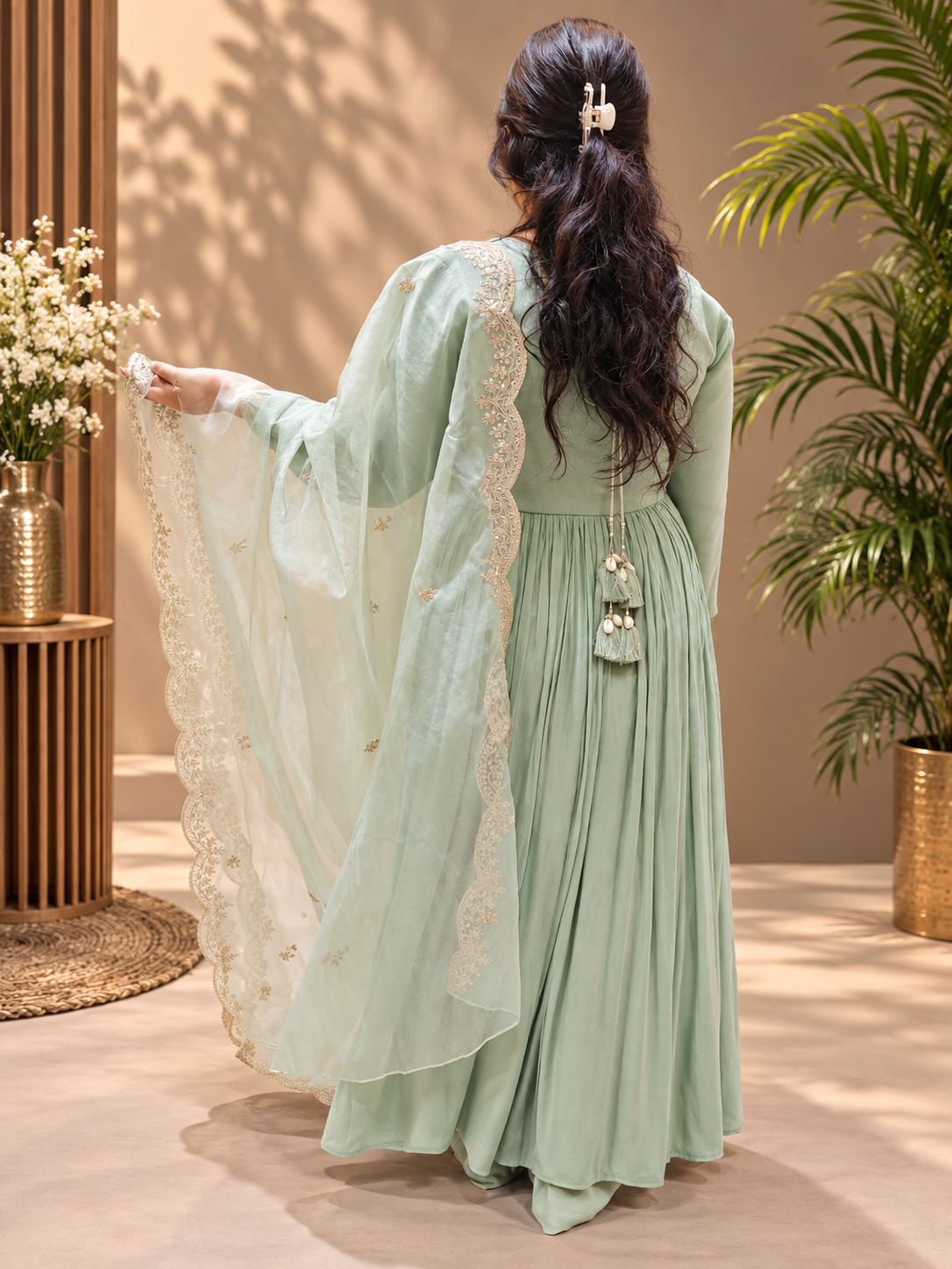 Pastel Sage Green Chanderi Anarkali Suit Set with Organza Dupatta
