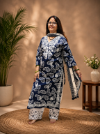 Indigo Printed 3-Piece Suit Set with White Thread Embroidery & Palazzo