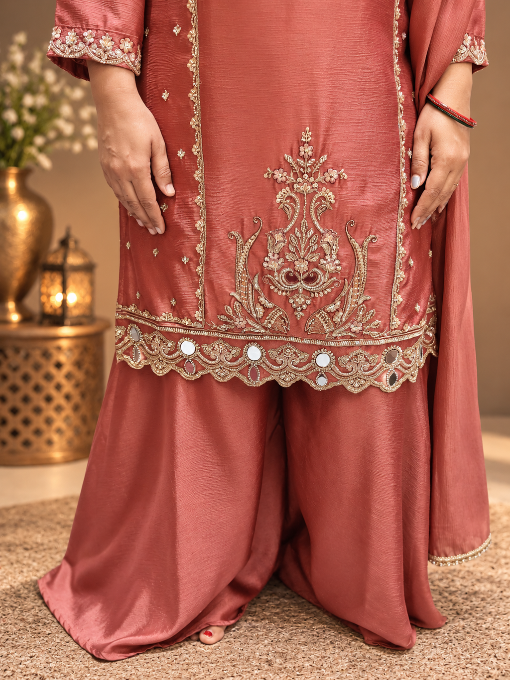 Dusty Rose Mirror Work Sharara Suit Set