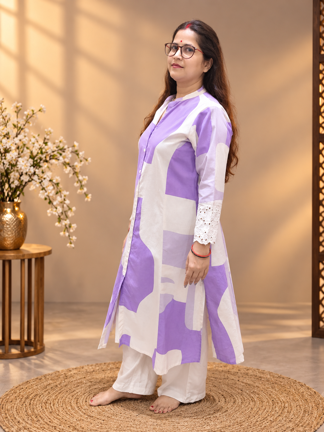 Lavender & White Printed Cotton Kurti with Eyelet Sleeves