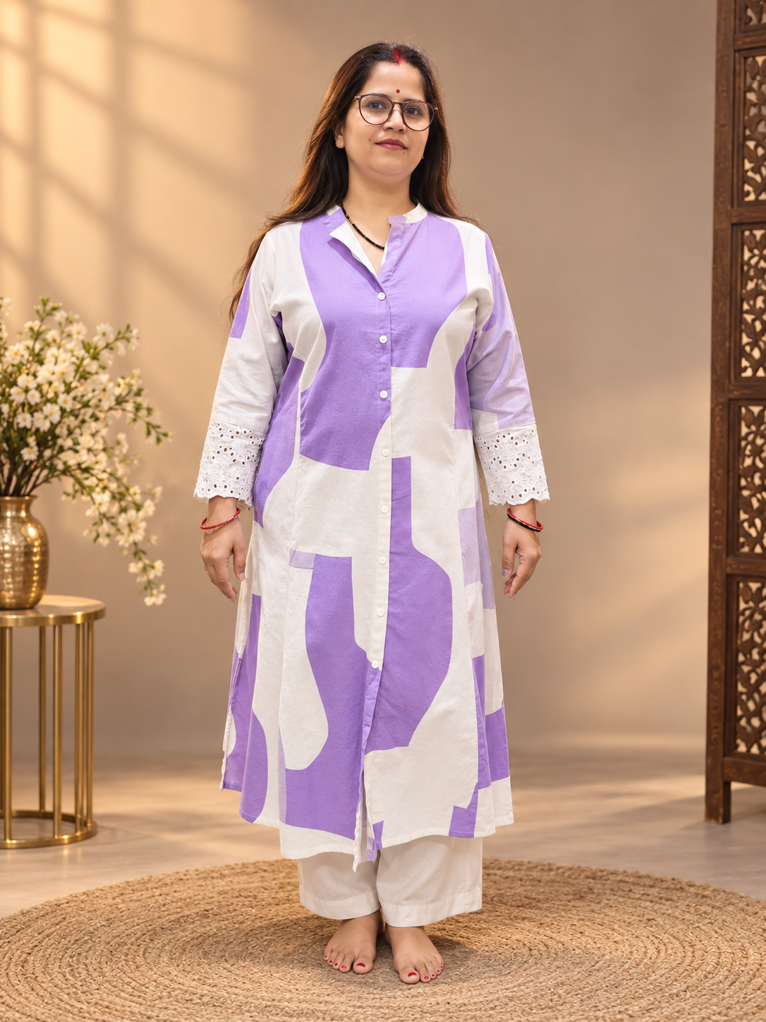 Lavender & White Printed Cotton Kurti with Eyelet Sleeves