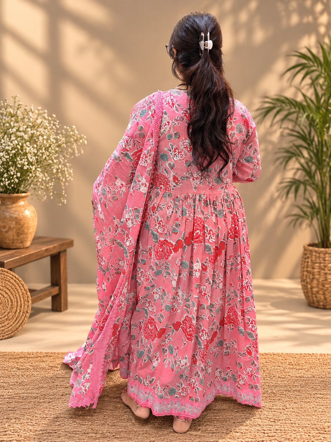 Pink Floral Printed Cotton Anarkali Suit Set
