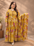 Mustard Yellow Floral Cotton Anarkali Suit Set