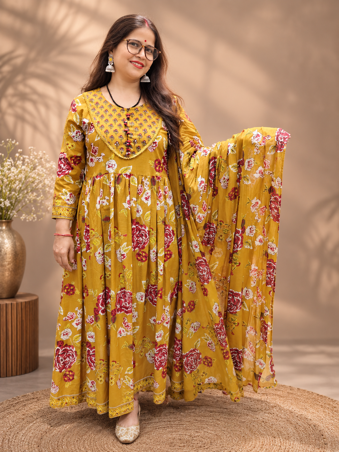 Mustard Yellow Floral Cotton Anarkali Suit Set