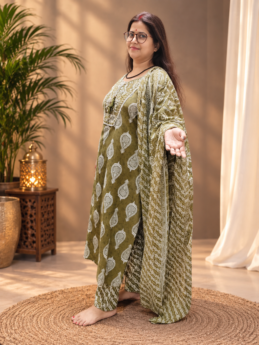 Olive Green Cotton Printed Kurta Pant & Dupatta Set