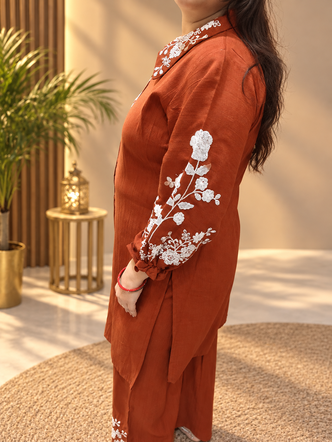 Rust Brown Printed Cotton Co-ord Set with Floral Detailing