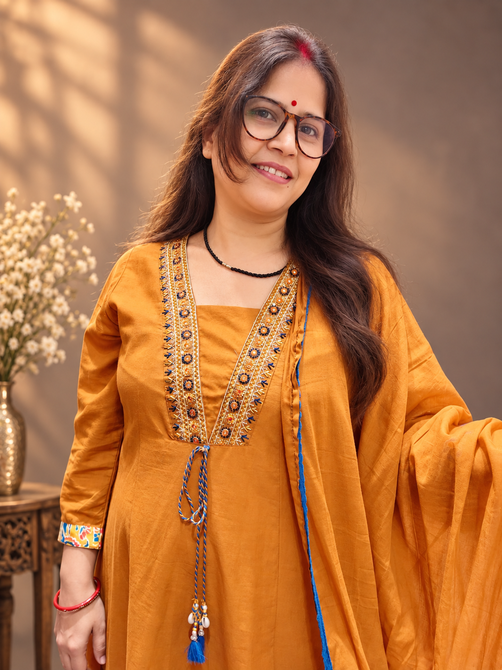Mustard Ochre Cotton Anarkali Suit with Applique Work