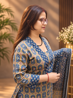 Blue Printed Cotton Kurta Pant Dupatta Set | 3-Piece Cotton Suit Set