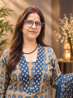 Blue Printed Cotton Kurta Pant Dupatta Set | 3-Piece Cotton Suit Set