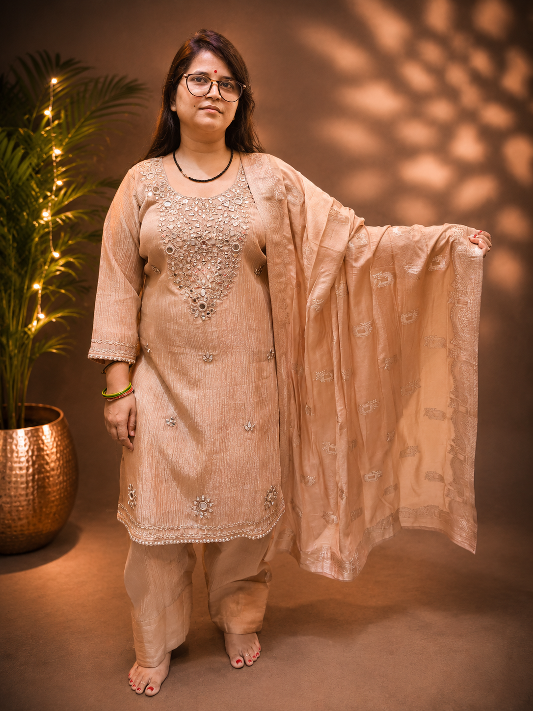Farsi Salwar 3-Piece Suit Set with Mirror Work & Shimmer Fabric
