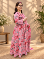 Pink Floral Printed Cotton Anarkali Suit Set