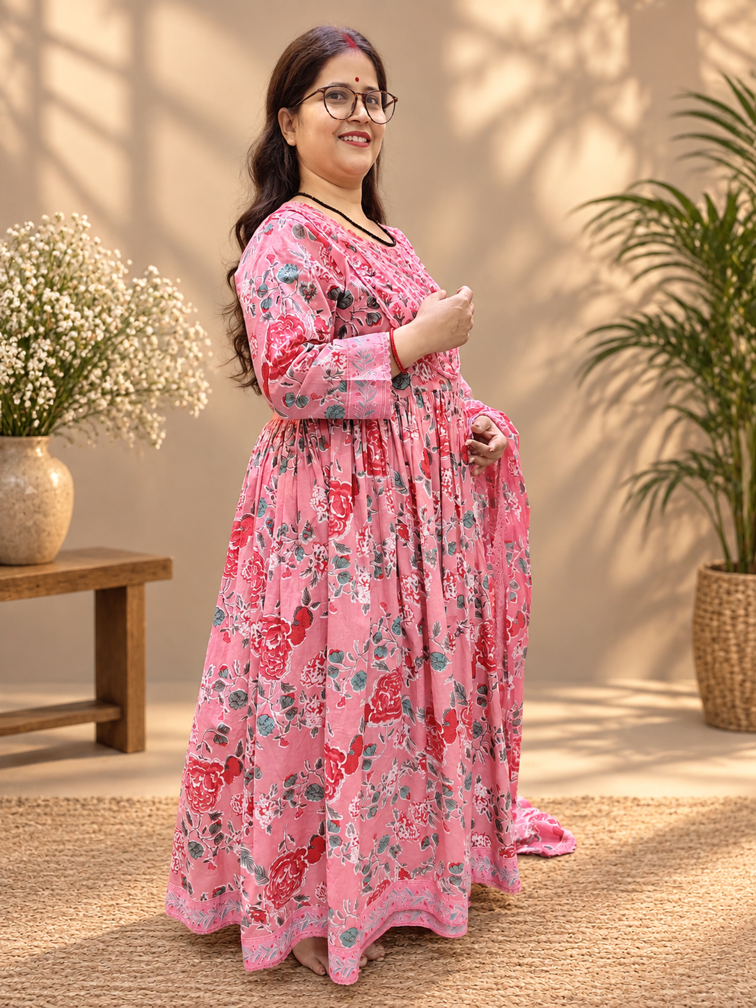 Pink Floral Printed Cotton Anarkali Suit Set
