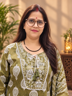 Olive Green Cotton Printed Kurta Pant & Dupatta Set