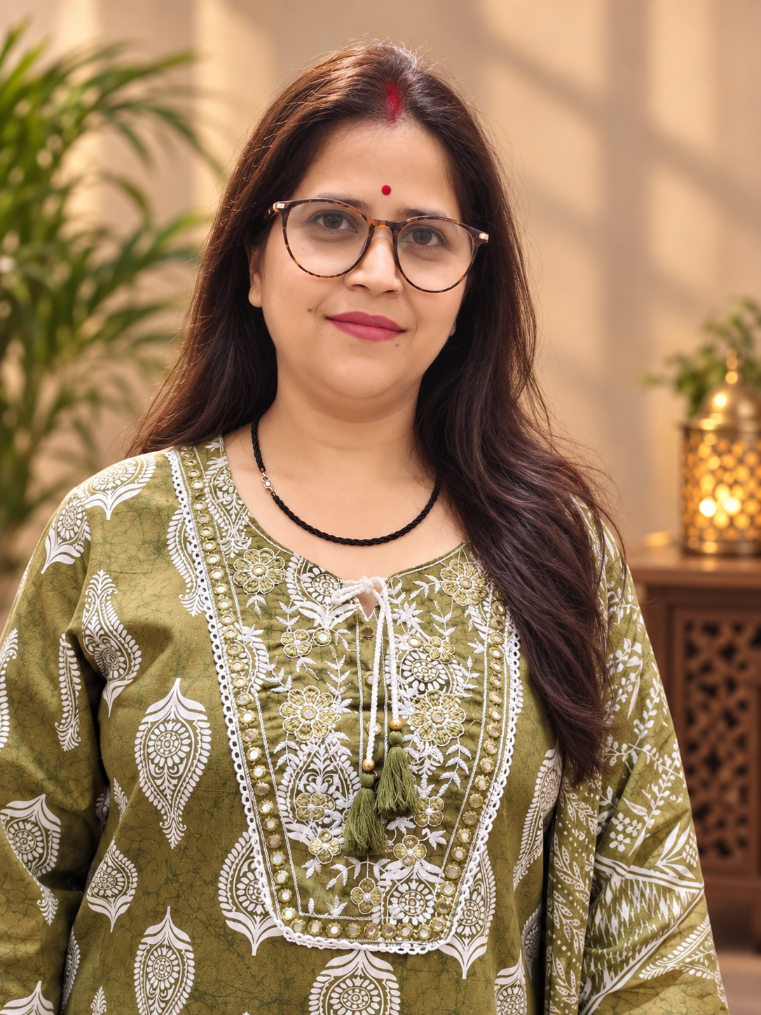Olive Green Cotton Printed Kurta Pant & Dupatta Set
