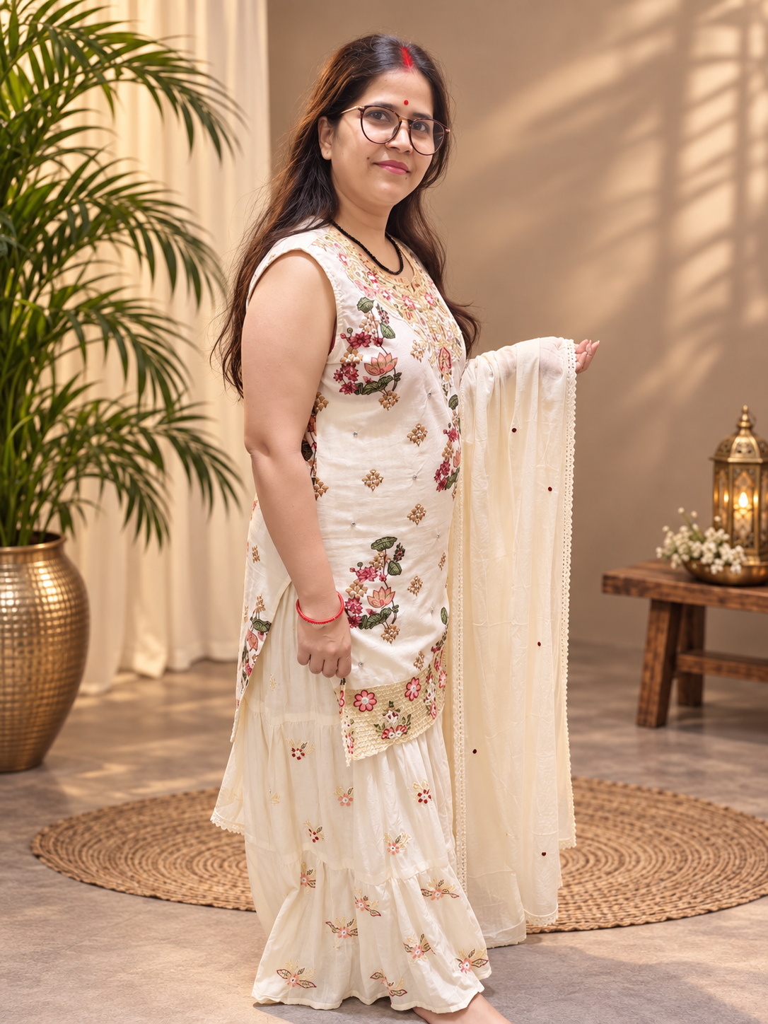 Ivory Floral Printed Cotton Kurta Set with Mul Cotton Skirt