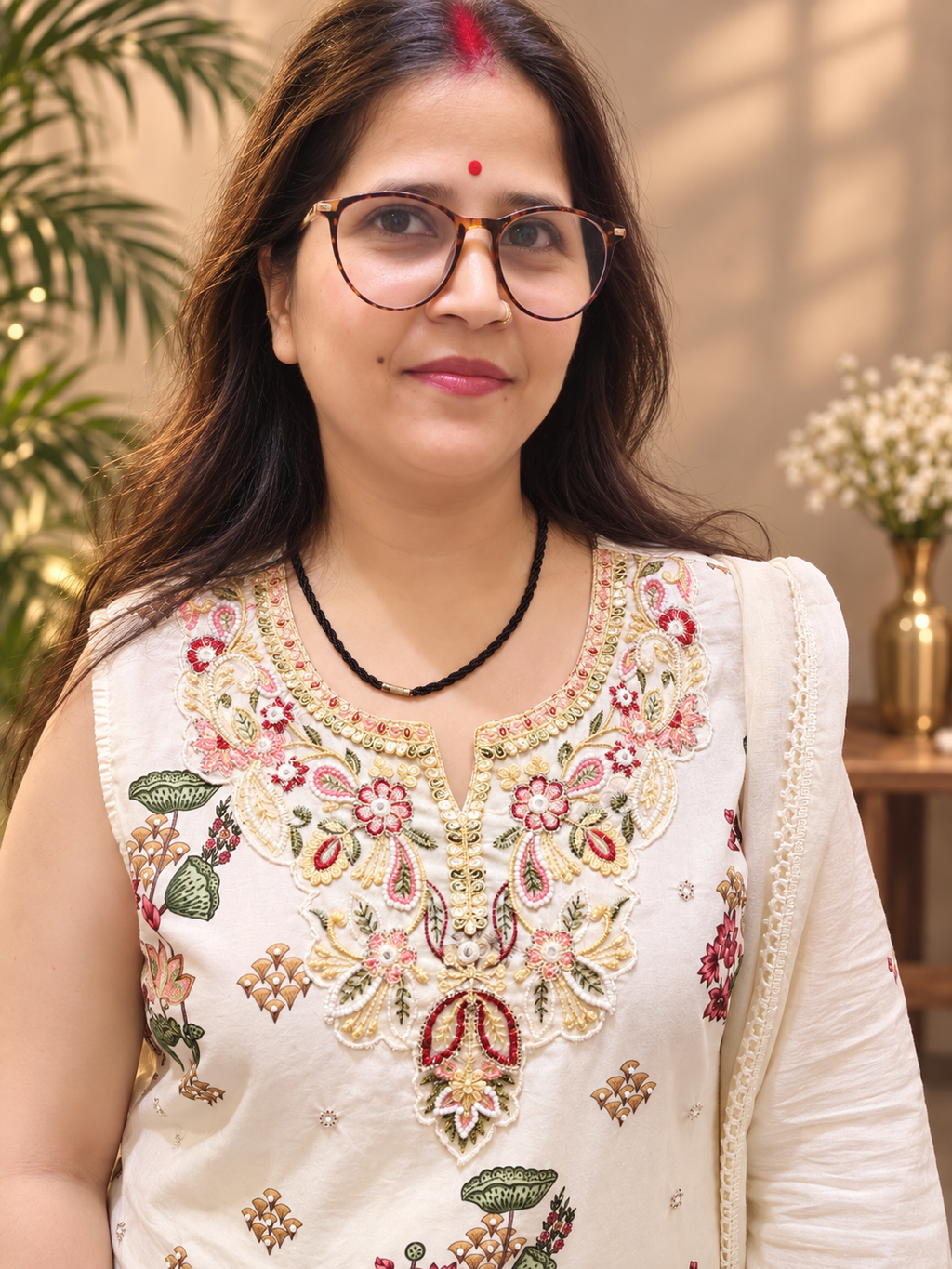 Ivory Floral Printed Cotton Kurta Set with Mul Cotton Skirt