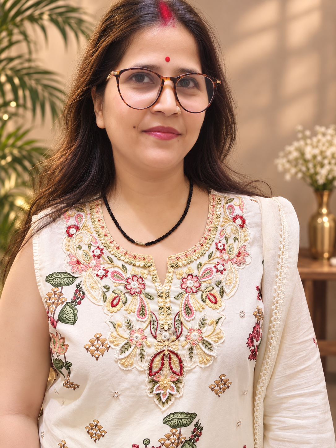 Ivory Floral Printed Cotton Kurta Set with Mul Cotton Skirt