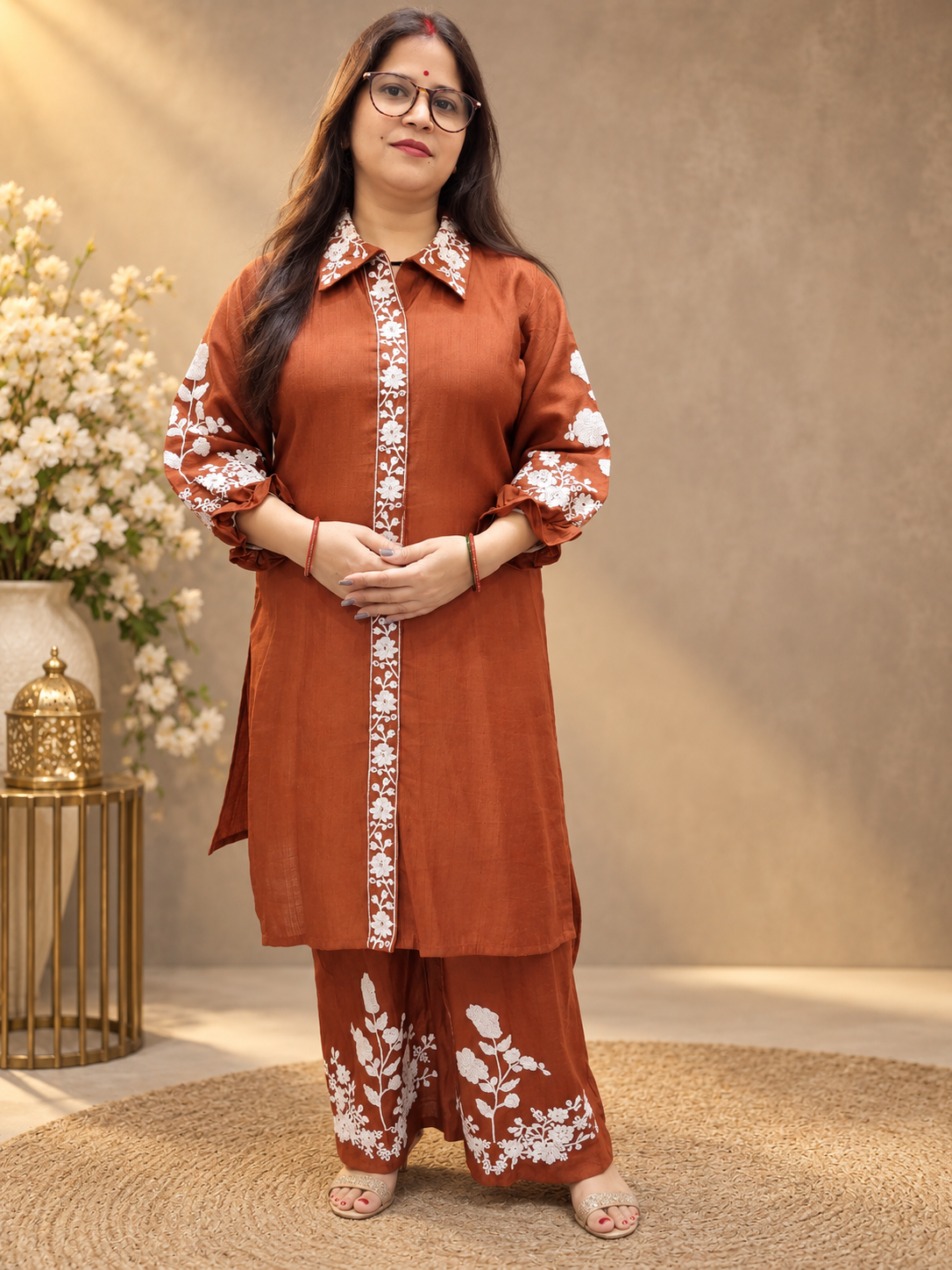 Rust Brown Printed Cotton Co-ord Set with Floral Detailing