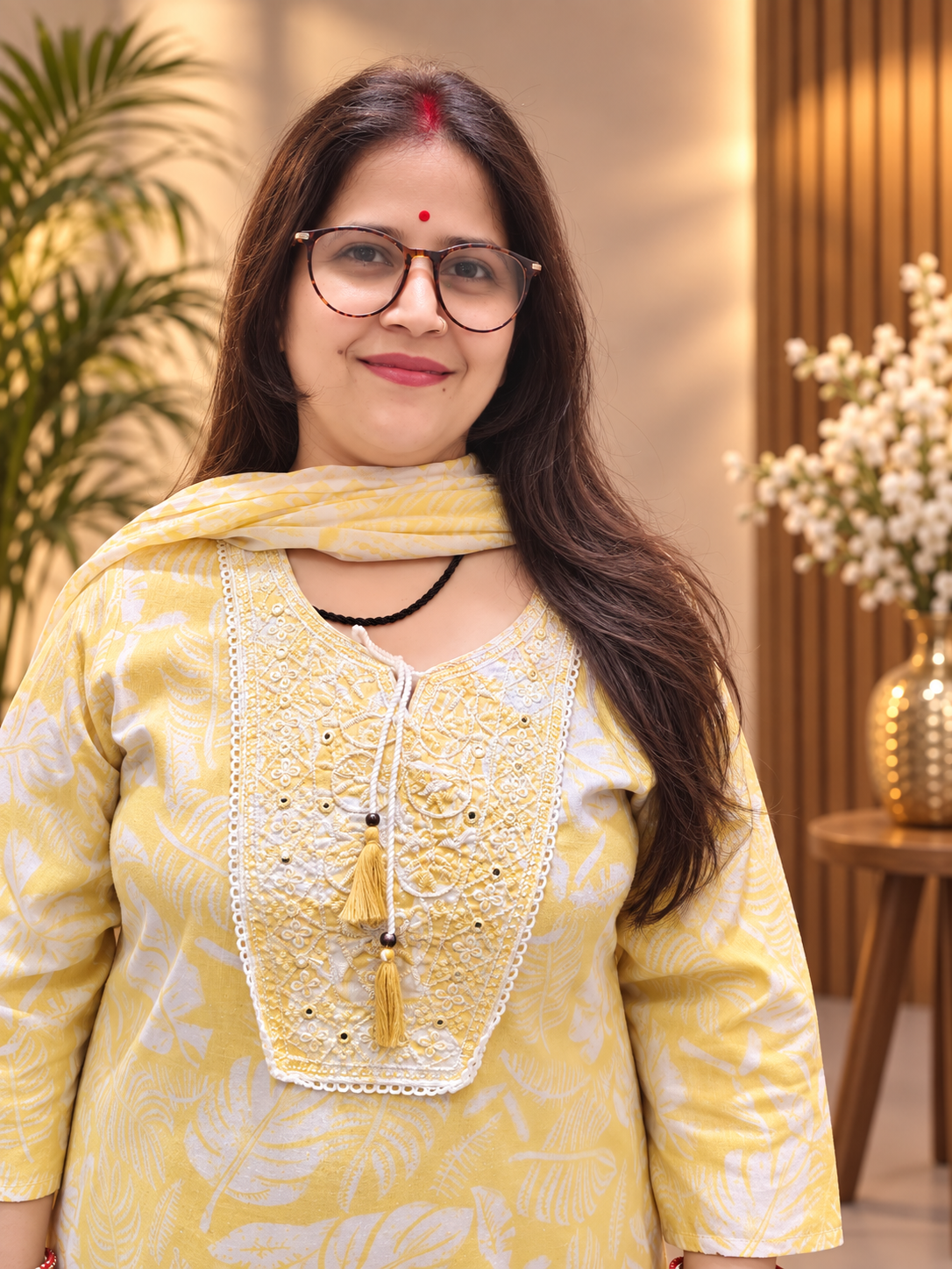 Pastel Lemon Yellow Printed Cotton Suit Set with Dupatta