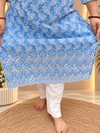 Sky Blue Cotton Chicken Work Kurti with Sifily Cutwork