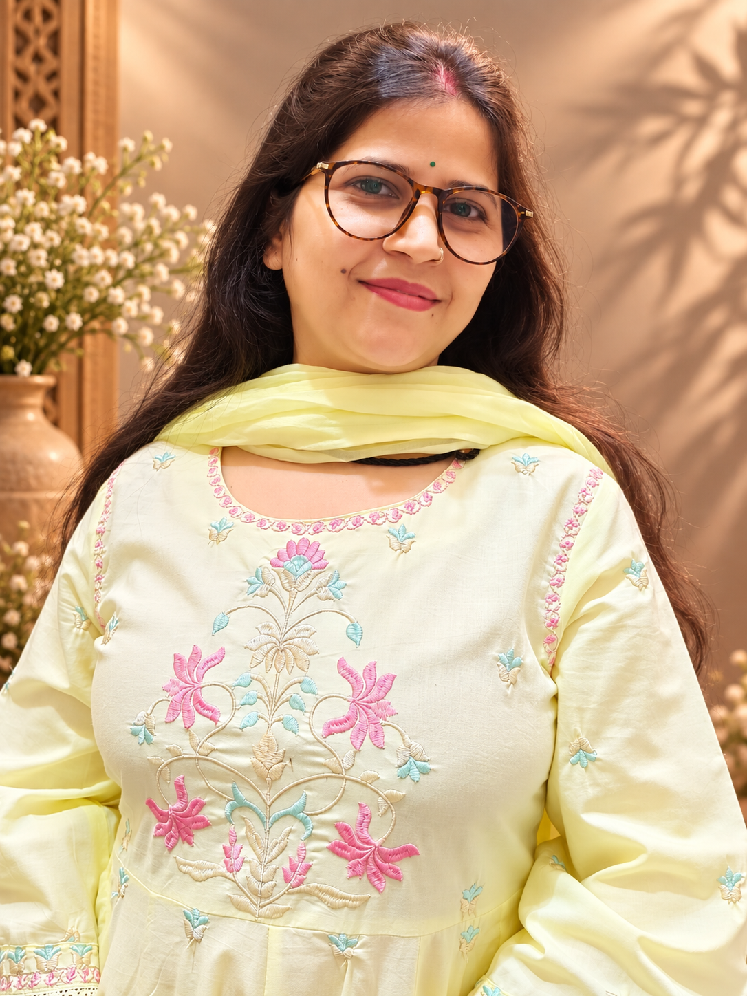 Pastel Yellow Cotton Embroidered Anarkali Suit Set