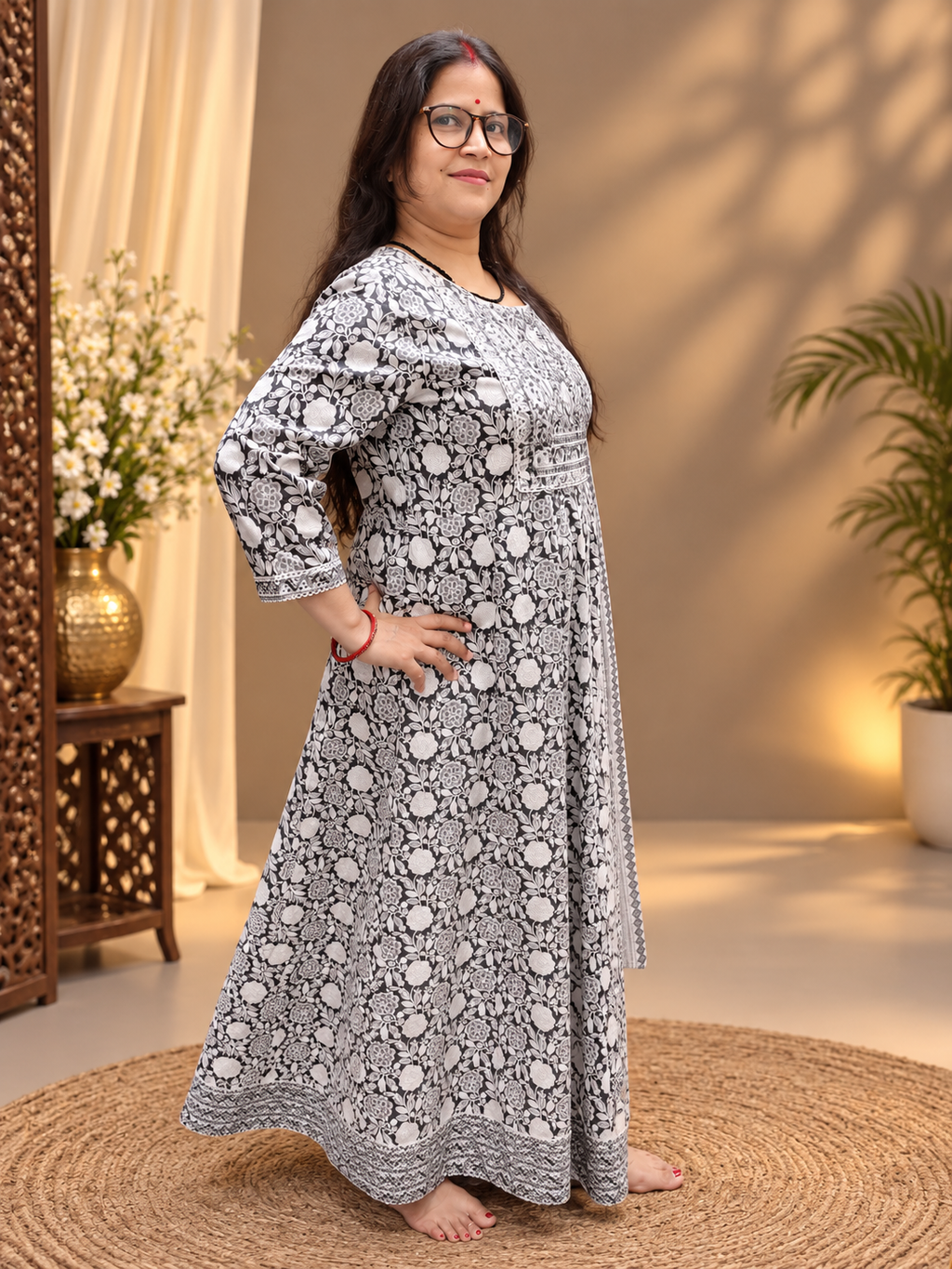 Black & White Printed Cotton Anarkali Suit Set with Dupatta