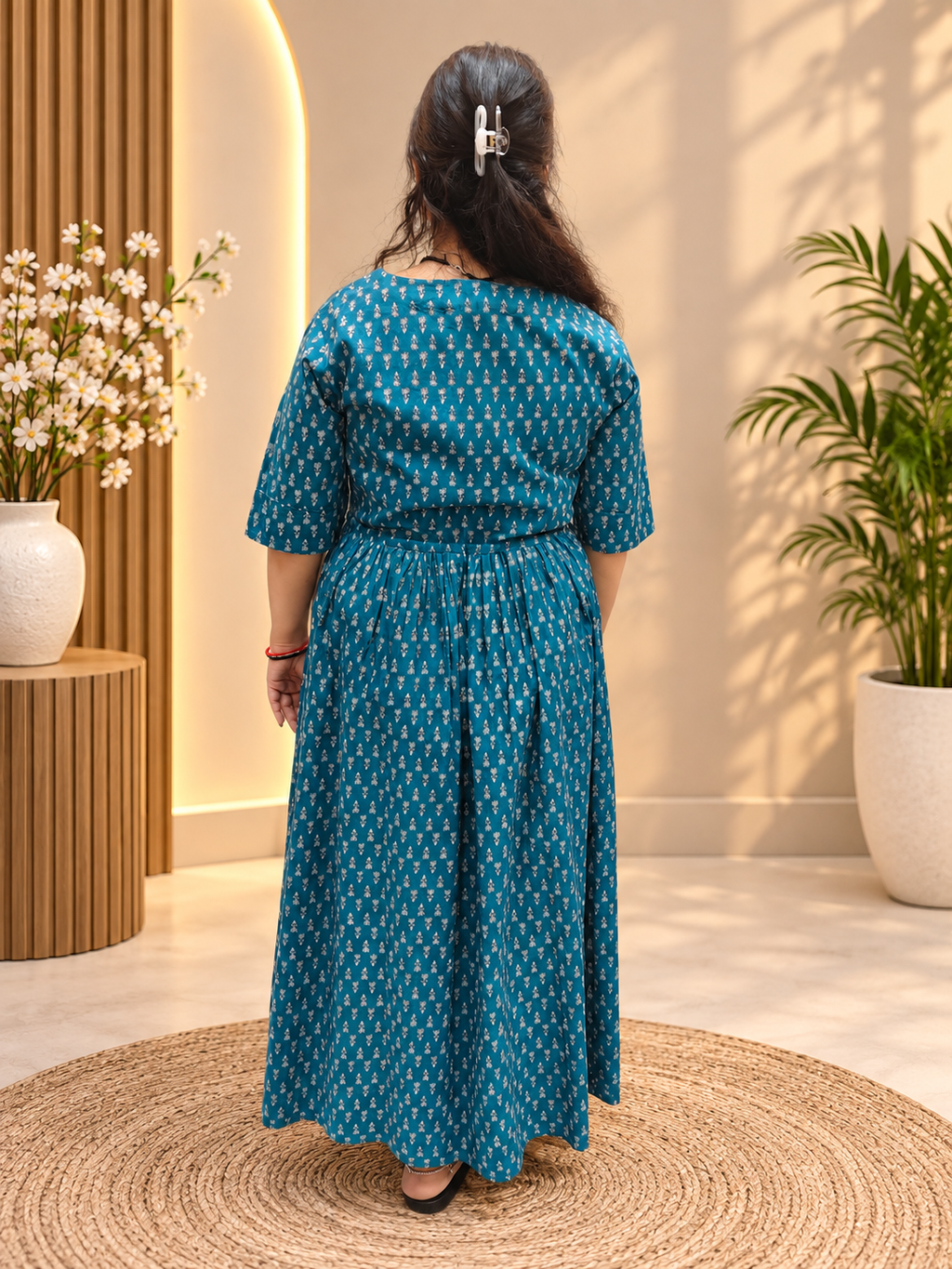 Teal Blue Printed Cotton Kurti Dress