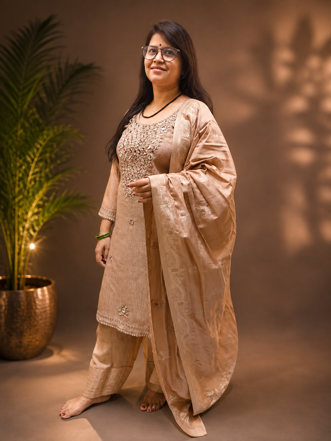 Farsi Salwar 3-Piece Suit Set with Mirror Work & Shimmer Fabric