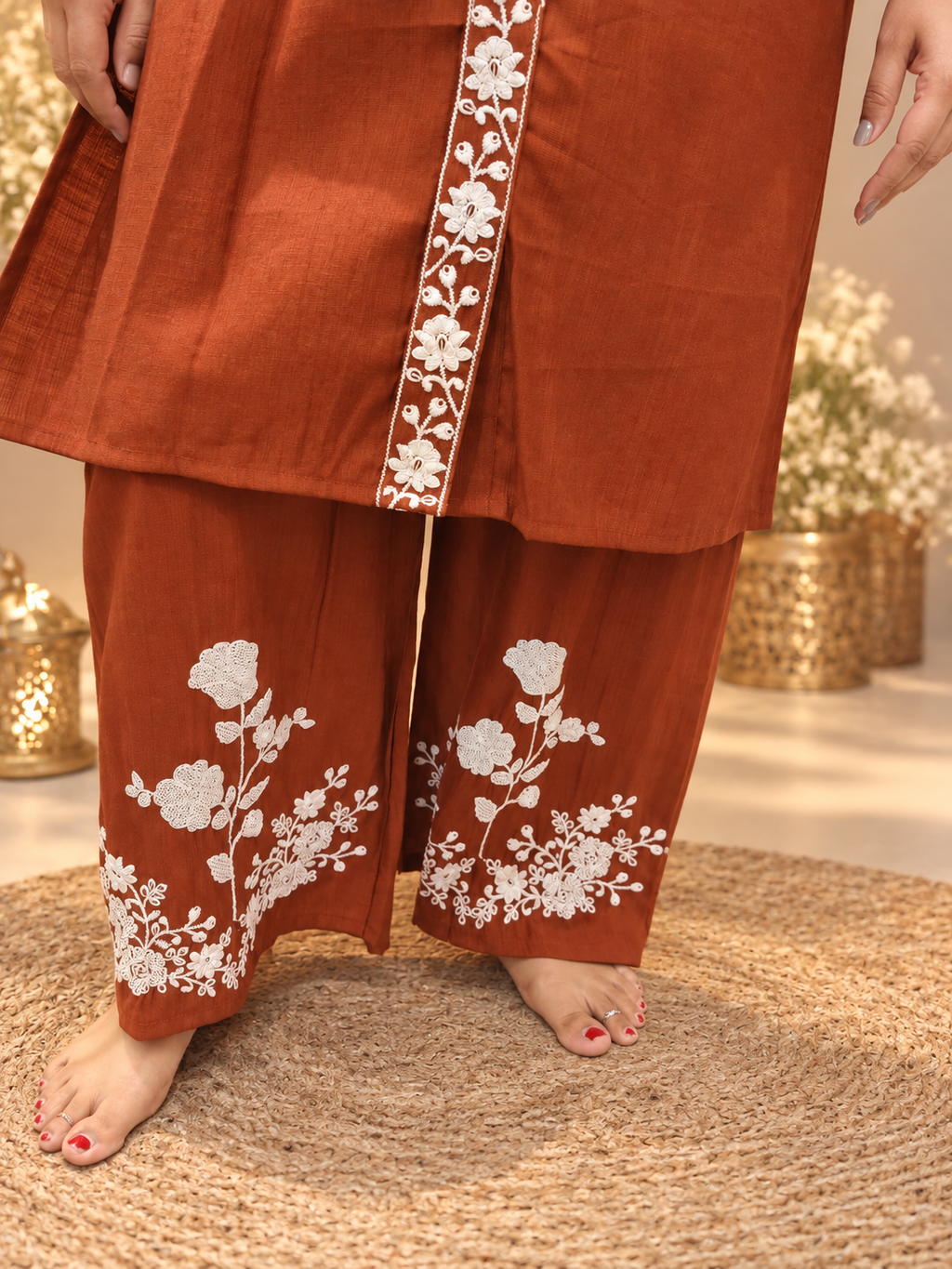 Rust Brown Printed Cotton Co-ord Set with Floral Detailing