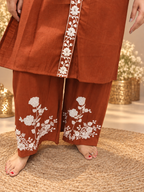Rust Brown Printed Cotton Co-ord Set with Floral Detailing