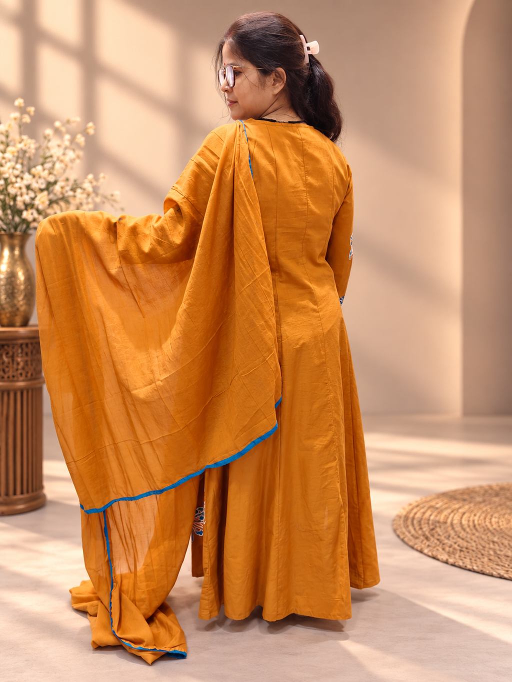 Mustard Ochre Cotton Anarkali Suit with Applique Work