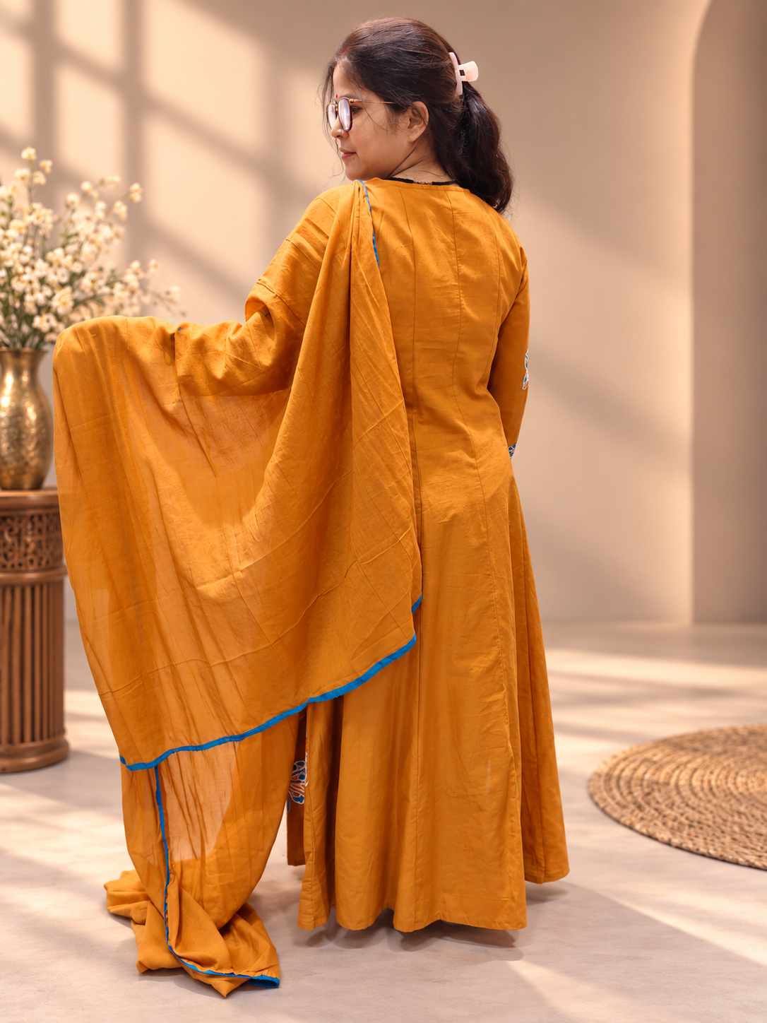 Mustard Ochre Cotton Anarkali Suit with Applique Work