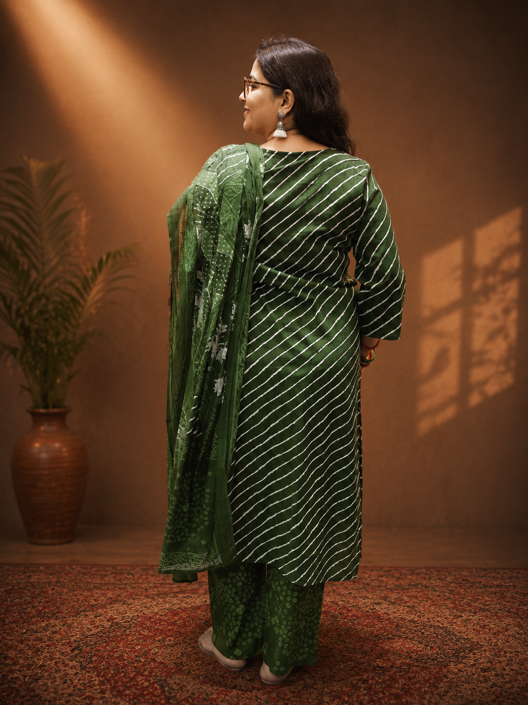 Premium Cotton Leheriya 3-Piece Suit Set with Bandhni Print Bottom & Dupatta