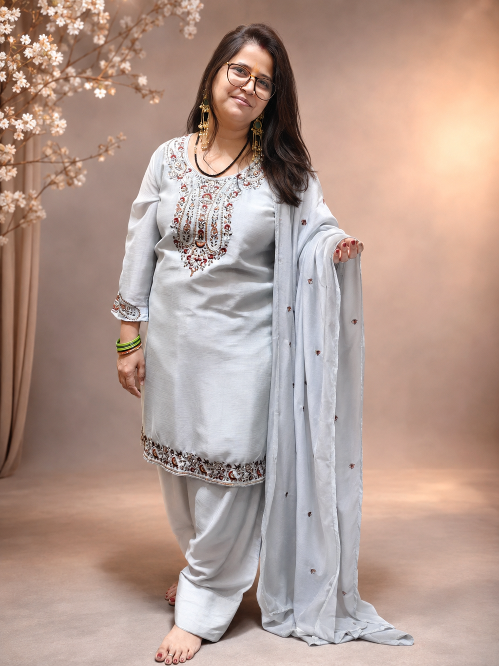 Powder Blue Embroidered Farshi Salwar 3 Pcs Suit Set