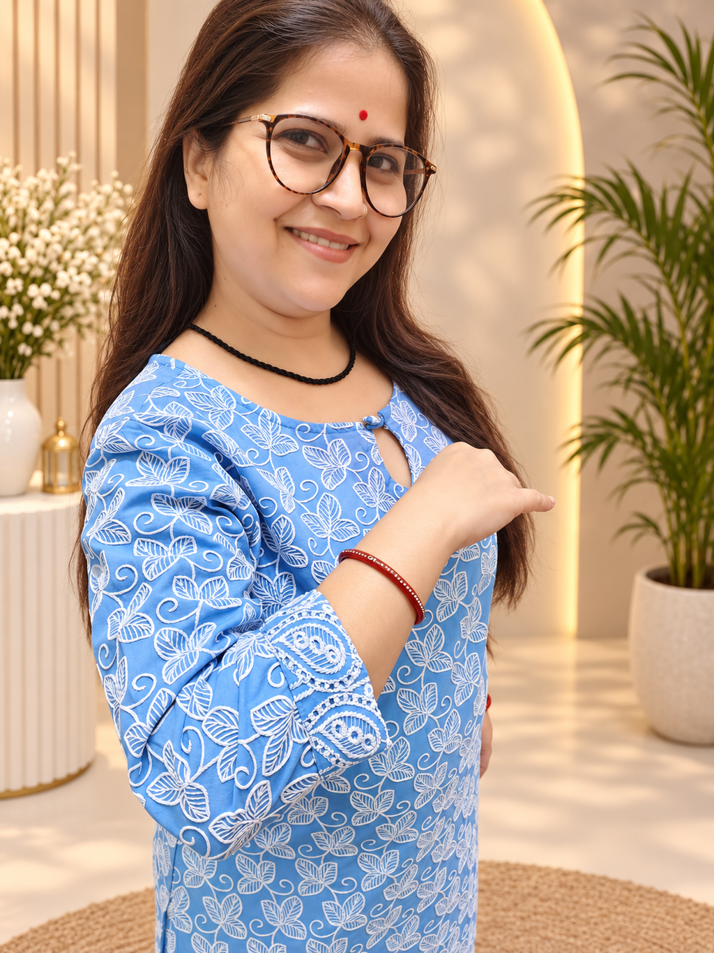 Sky Blue Cotton Chicken Work Kurti with Sifily Cutwork