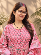 Pink Floral Printed Cotton Anarkali Suit Set