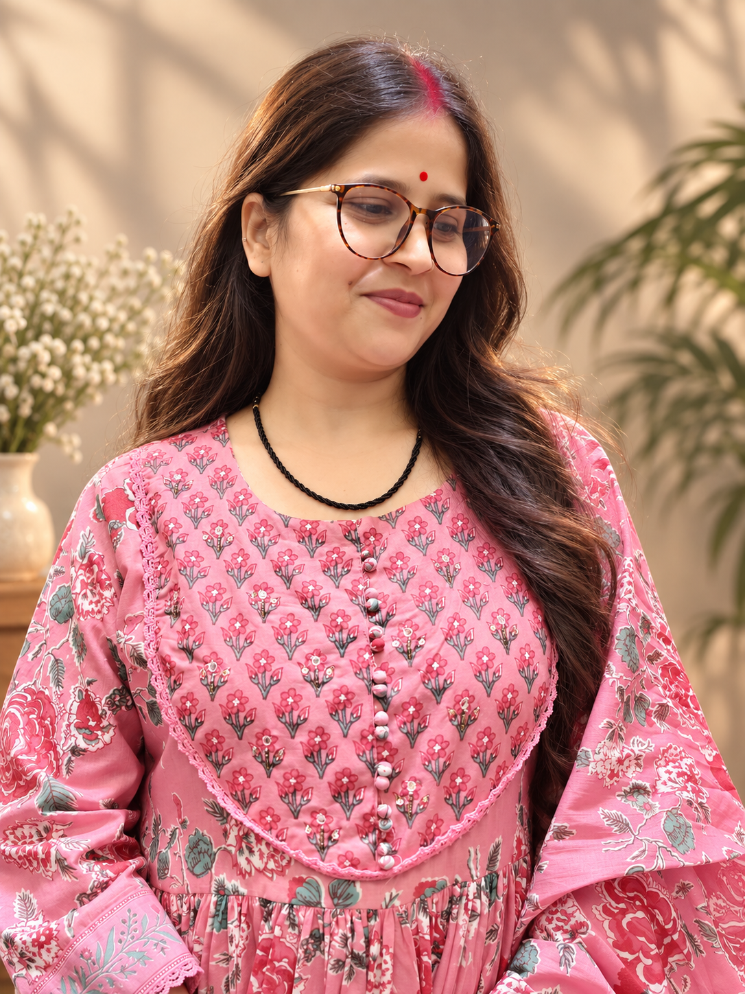 Pink Floral Printed Cotton Anarkali Suit Set