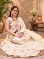 Ivory Floral Printed Cotton Kurta Set with Mul Cotton Skirt