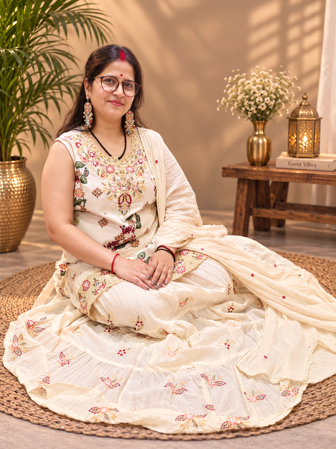 Ivory Floral Printed Cotton Kurta Set with Mul Cotton Skirt